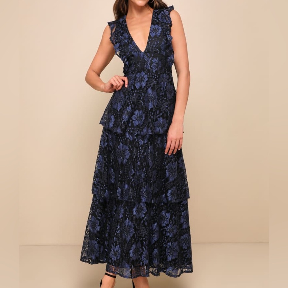 Lulu’s Navy Blue Lace Ruffled Tiered Sleeveless Maxi Dress